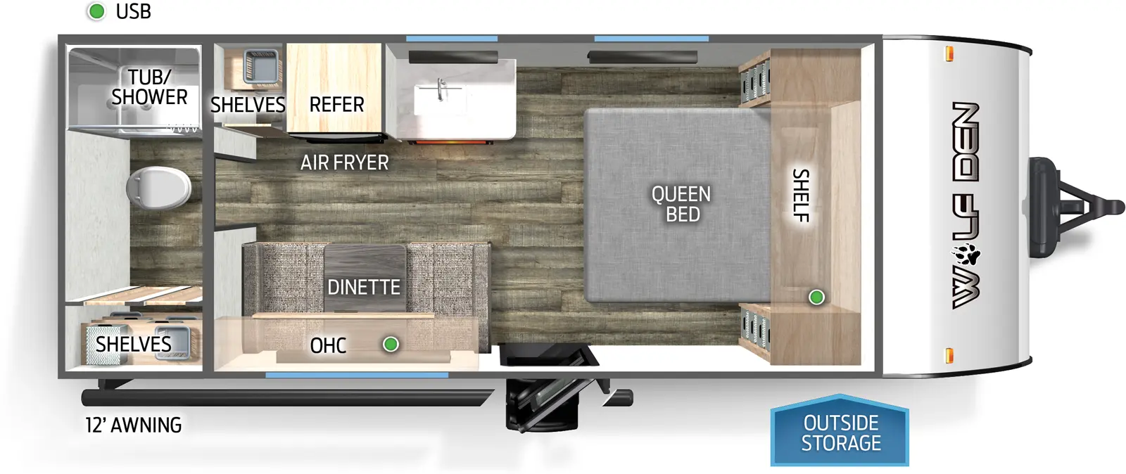 The 17EV has zero slideouts and one entry. Exterior features outside storage and 12 foot awning. Interior layout front to back: foot-facing queen bed with shelf above; off-door side kitchen counter with sink, air fryer, refrigerator, and shelves; door side entry, dinette and overhead cabinet; rear full bathroom with shelves.